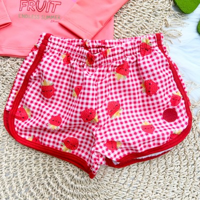Linha Praia 3 Peças - Blusa Manga Longa Fruit, Short e Calcinha com Proteção UV50+ - Vermelho